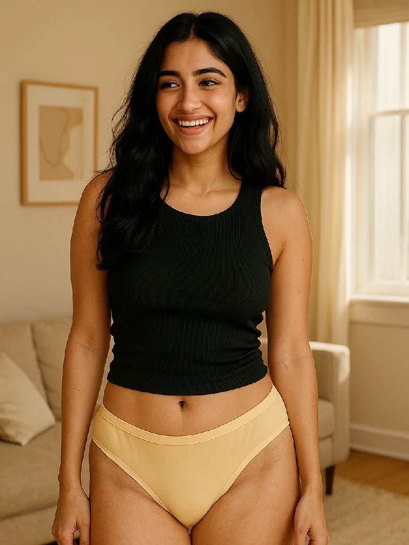 Woman wearing a black tank top and beige underwear in a room with a couch and window.